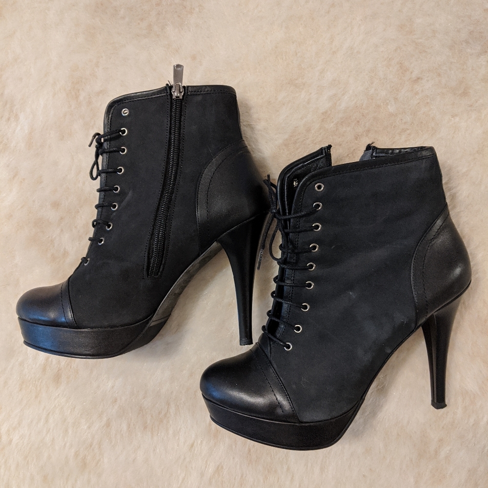 Real hand made leather black ankle heel booties